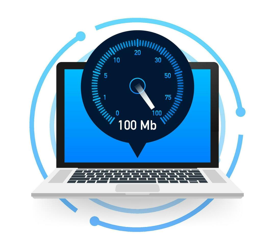 velocità test su il computer portatile. tachimetro Internet velocità 100 mb. sito web velocità Caricamento in corso volta. vettore illustrazione