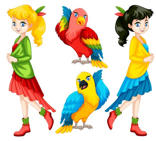 Persone e uccelli colorati vettore