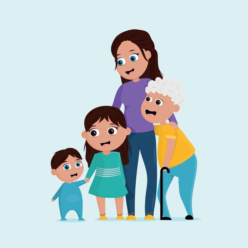 famiglia simpatico cartone animato con madre nonna sorella e fratellino vettore