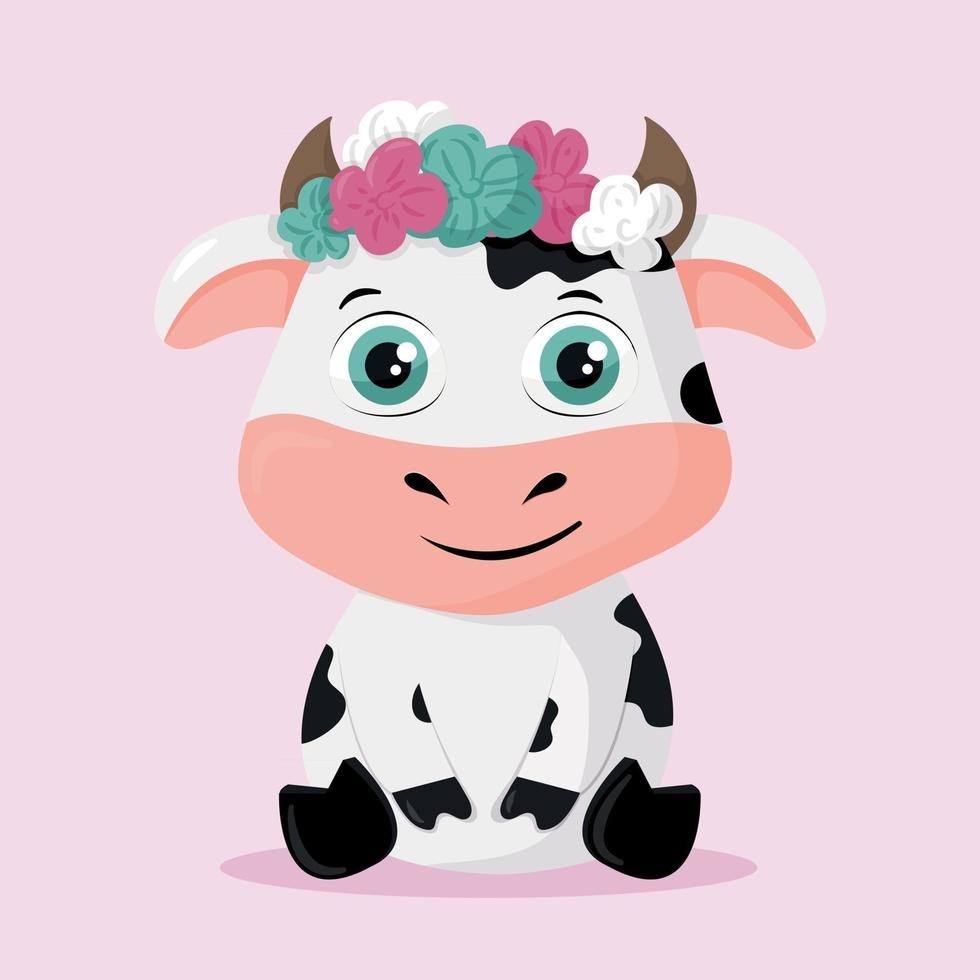 mucca cartone animato carino con fiori vettore