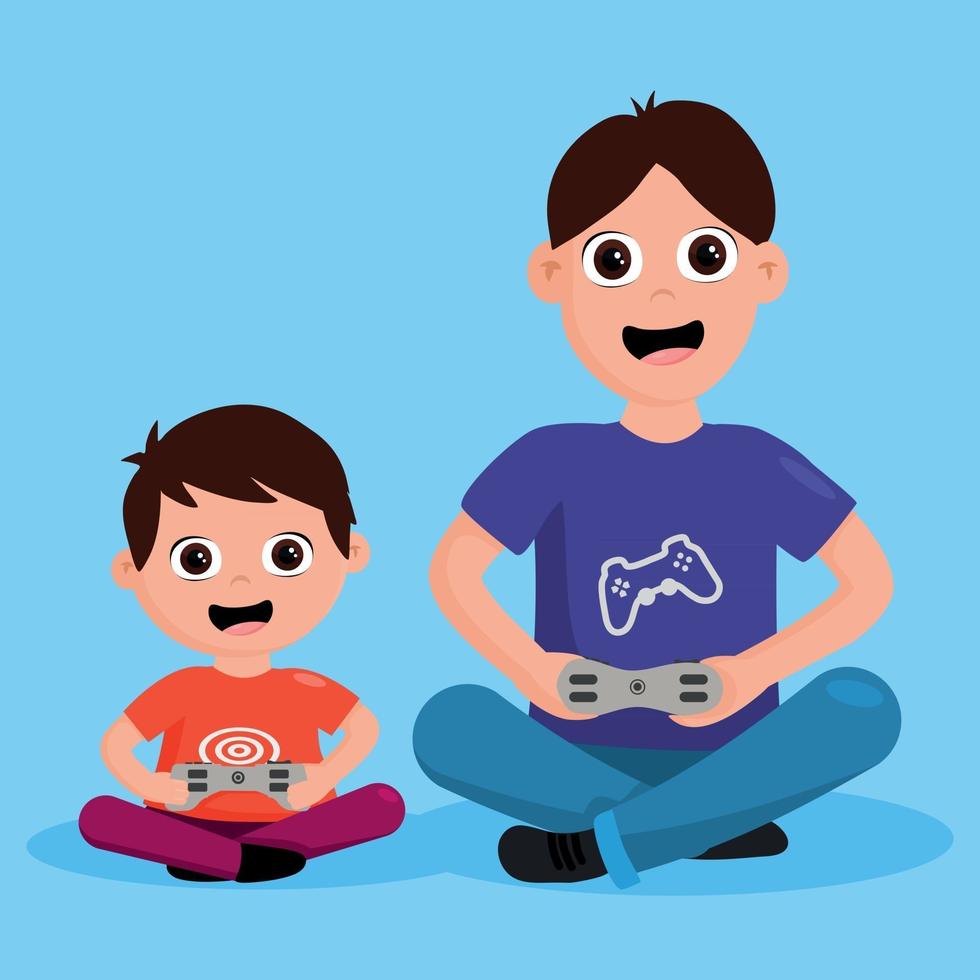 padre e figlio geek che giocano alla console vettore