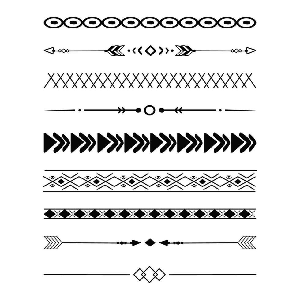 impostato tribale etnico freccia divisori, nativo indiano arco boho nel scarabocchio stile isolato su bianca sfondo. collezione frontiere, decorazione elementi. vettore illustrazione