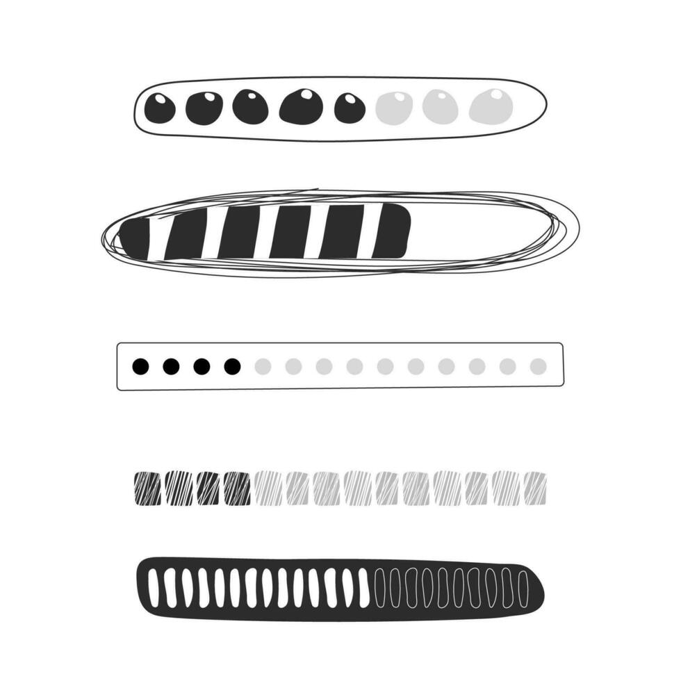 impostato Caricamento in corso sbarra, progresso nel scarabocchio stile isolato su bianca sfondo. indicatore, linea mano disegnato schizzo. vettore illustrazione