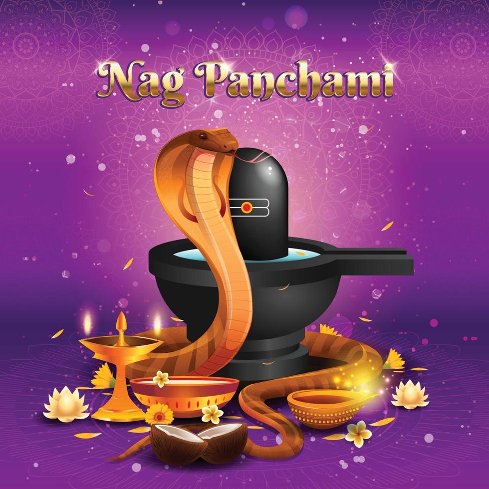 concetto di nag panchami con cobra reale e lingam vettore