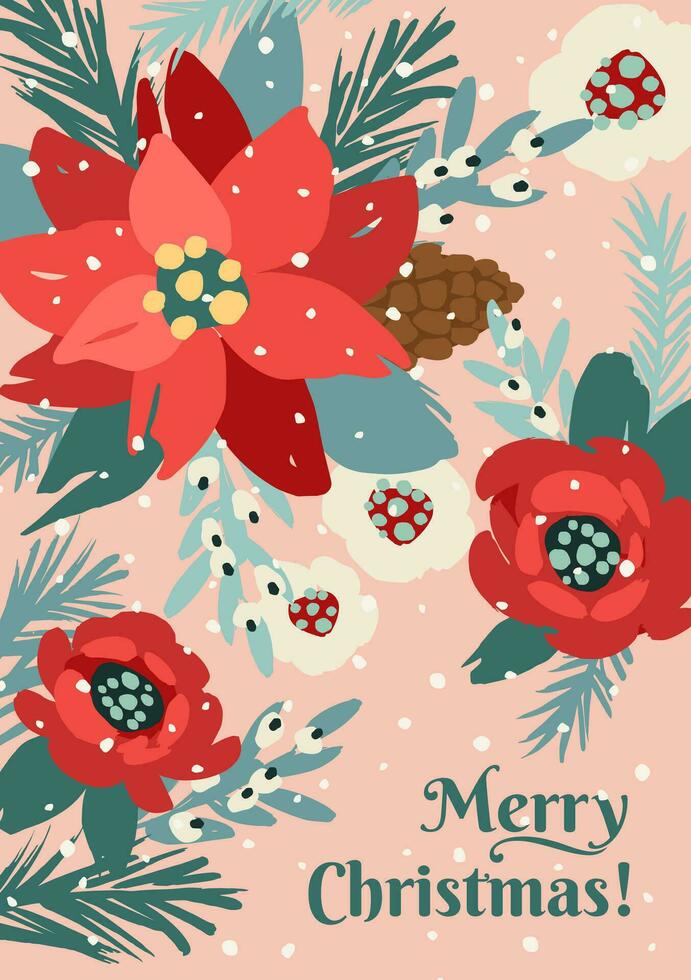 Natale e contento nuovo anno carta con bianca Natale albero e fiori. di moda retrò stile. vettore design modello.