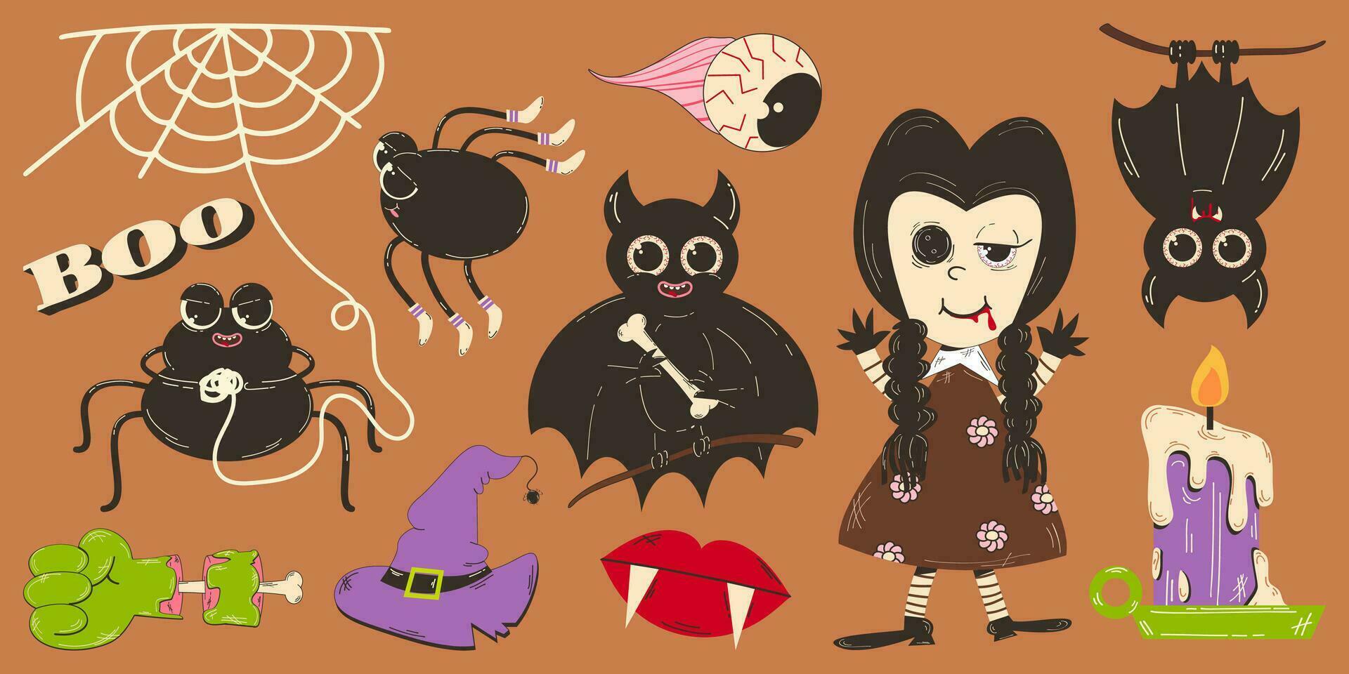 colorato impostato di Halloween elementi nel retrò cartone animato stile. un' pauroso Bambola, un' pipistrello, un' zombie mano, un' ragno maglia un' ragnatela e altro elementi. vettore