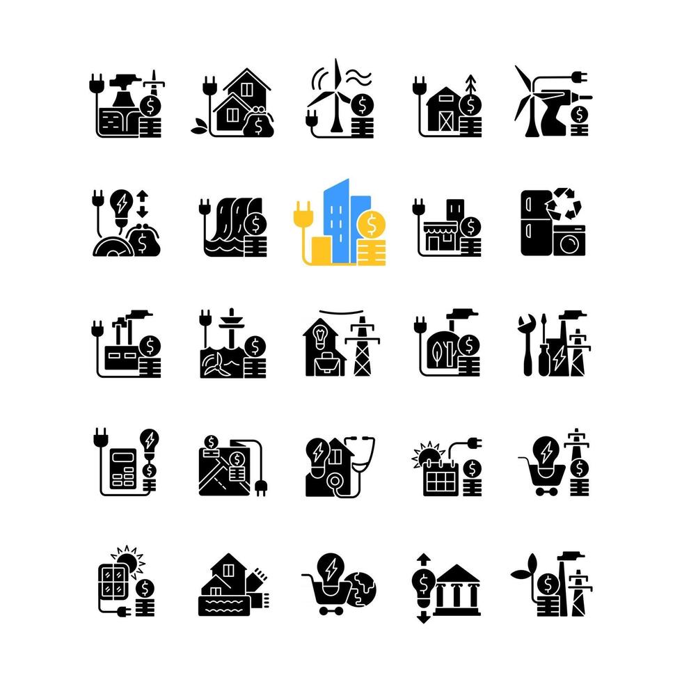 acquisto di energia glifo nero icone impostate su spazio bianco vettore