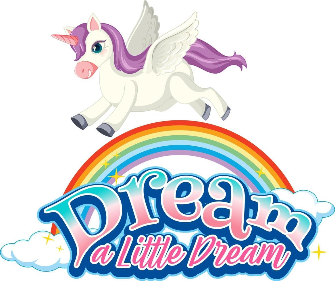 personaggio dei cartoni animati di unicorno con sogna una piccola tipografia di carattere da sogno vettore