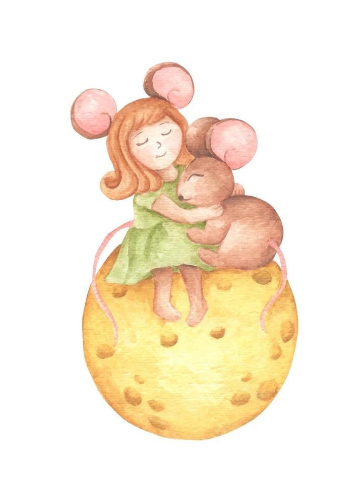 topo ragazza carina abbraccia un topolino seduto sulla luna del formaggio. vettore