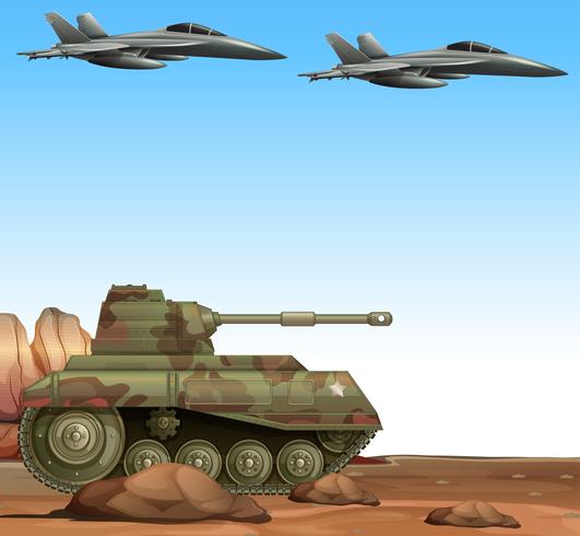 Due jet da combattimento e un carro armato militare in campo di battaglia vettore