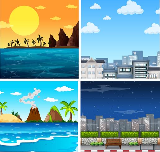 Quattro scene di sfondo di oceano e città vettore