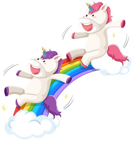 Felice unicorno sulla diapositiva arcobaleno vettore