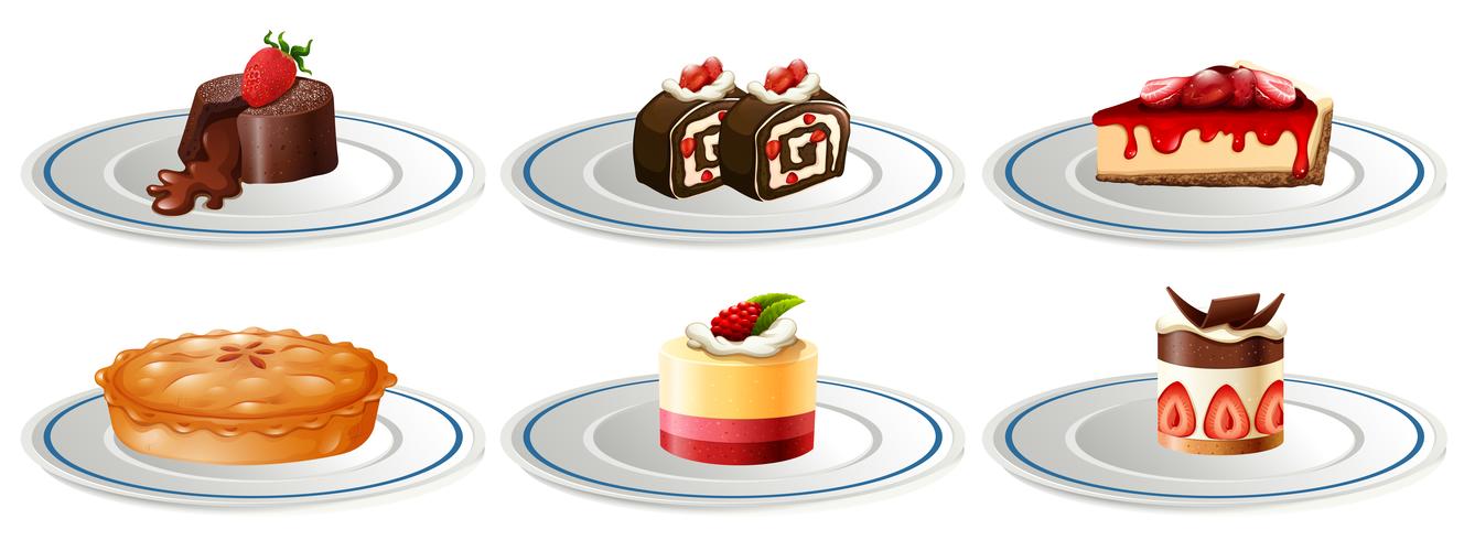 Diversi tipi di dessert sui piatti vettore
