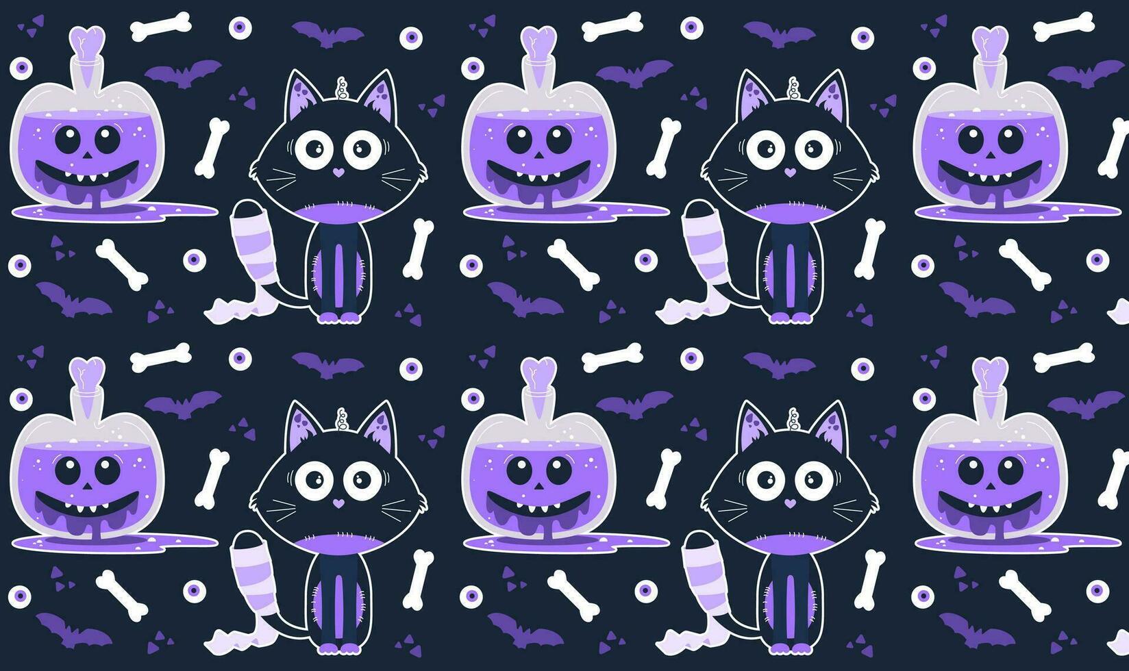 senza soluzione di continuità vettore Halloween modello su un' viola sfondo. un' gatto e un' pozione con divertente facce. illustrazione