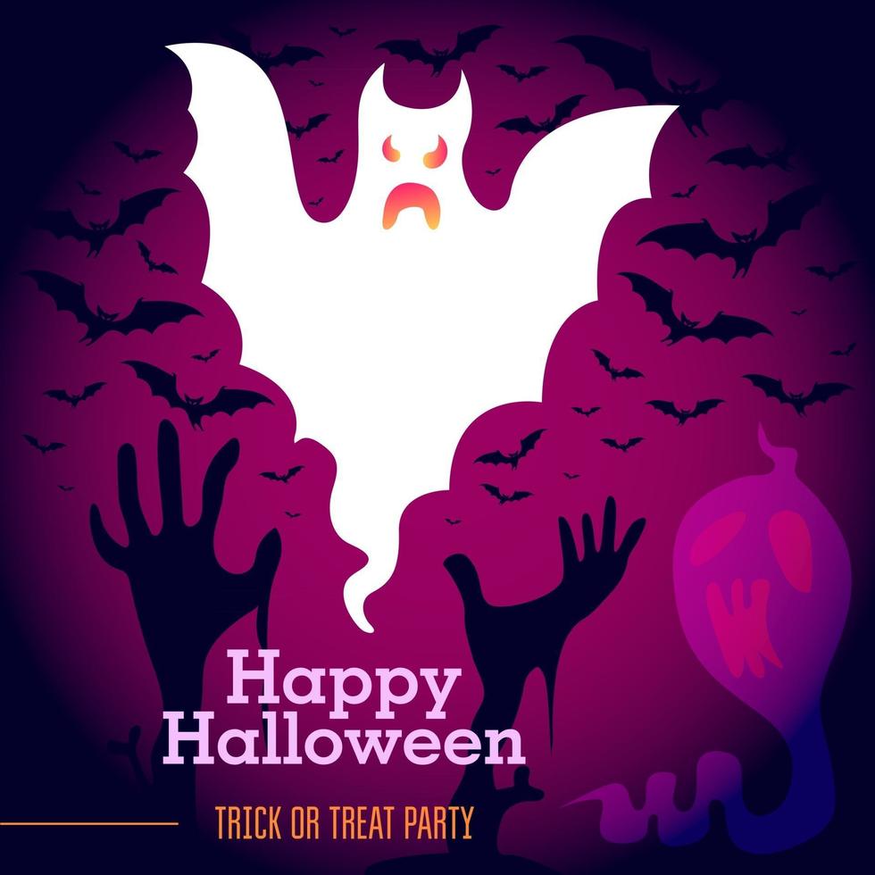 fantasma di halloween con sfumatura al neon rosa, luna, pipistrelli e mani di zombi vettore