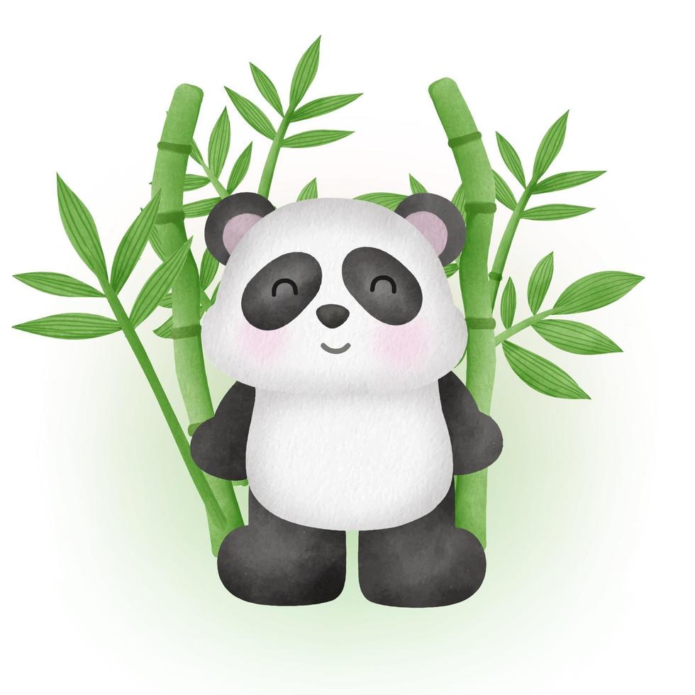 simpatico panda con bambù in stile acquerello vettore