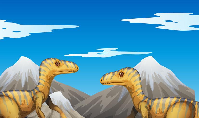 Scena con dinosauri e montagne vettore