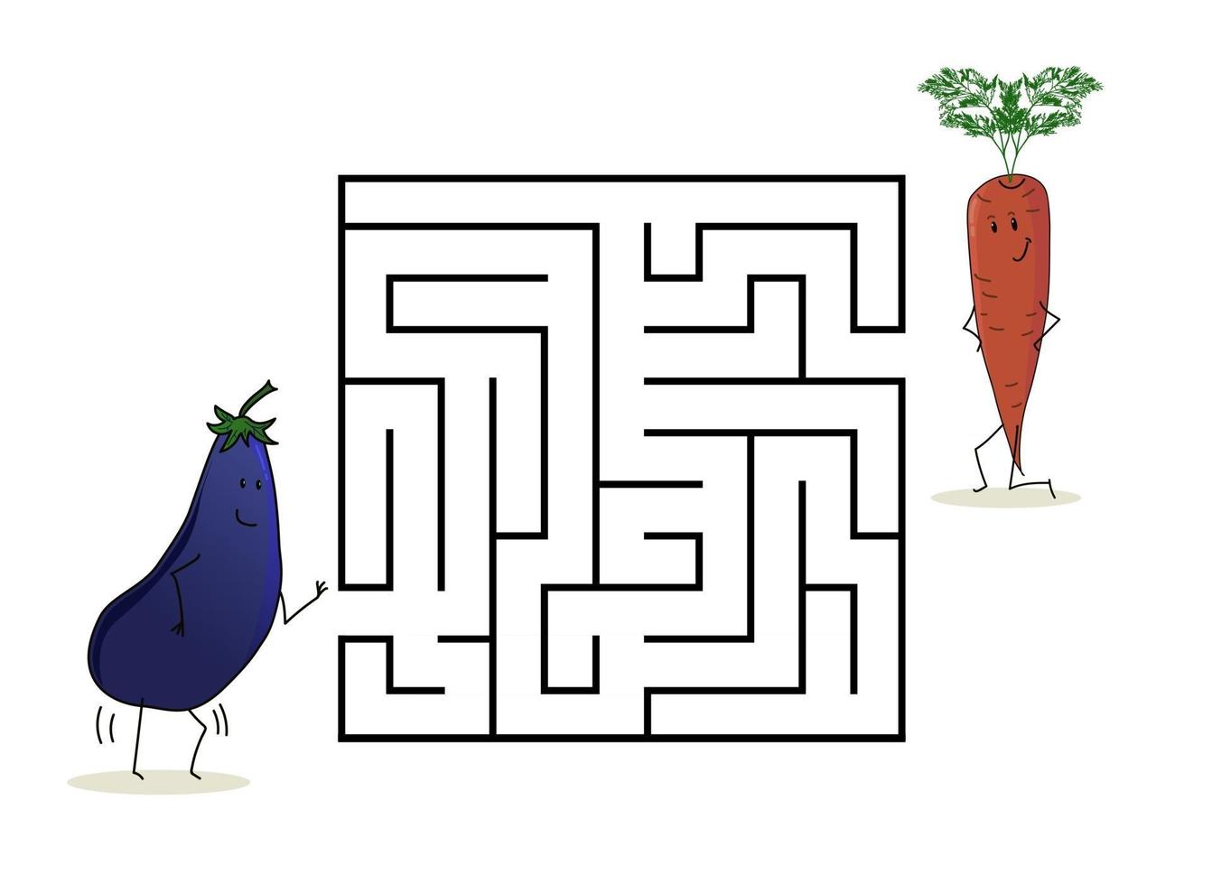 labirinto labirinto quadrato con personaggi dei cartoni animati. carota melanzana carina vettore