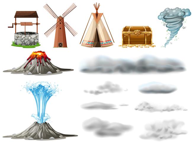 Diversi tipi di oggetti e nuvole vettore