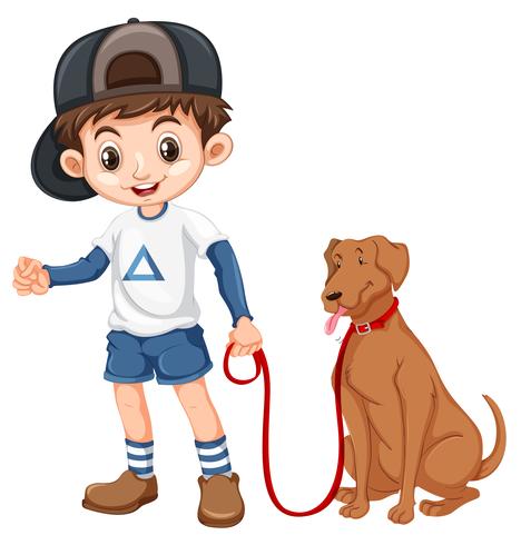 Un ragazzo e un cane su sfondo bianco vettore