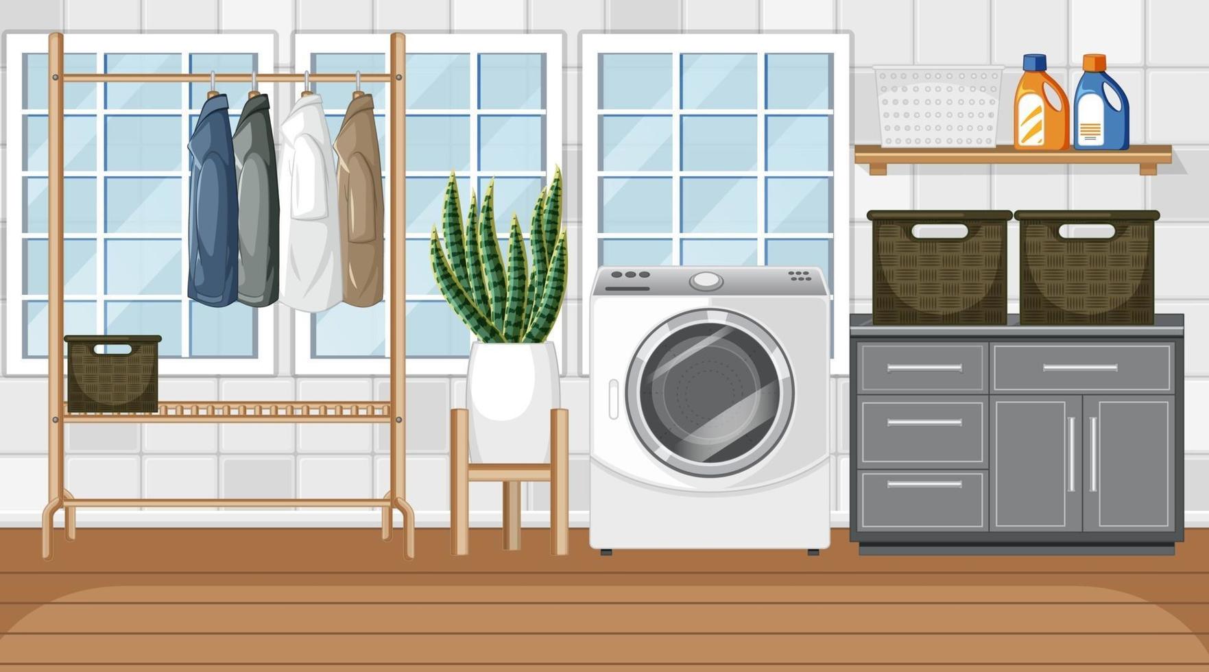 scena della lavanderia con lavatrice e appendiabiti vettore