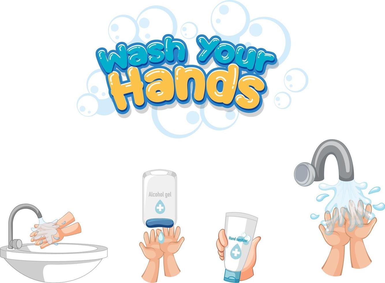 lavarsi le mani font design con prodotti igienizzanti per le mani isolati vettore