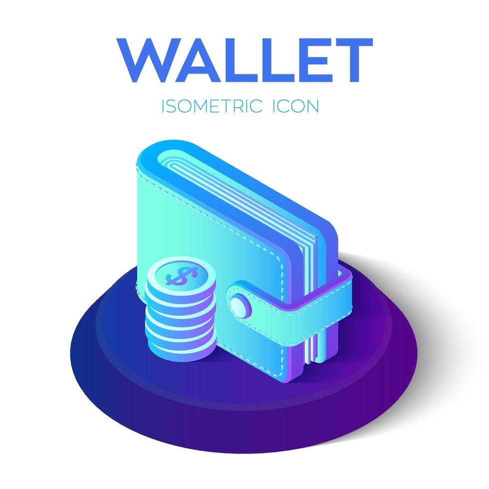 icona del portafoglio. Icona del portafoglio isometrica 3D con monete. vettore
