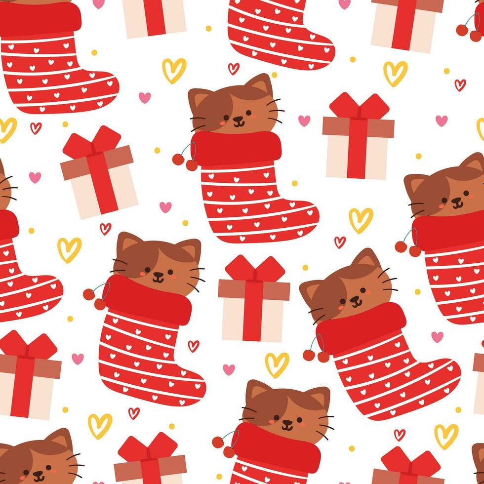 senza soluzione di continuità modello cartone animato gatto dentro un' calzini, con Natale regalo. carino animale sfondo illustrazione per regalo avvolgere carta vettore