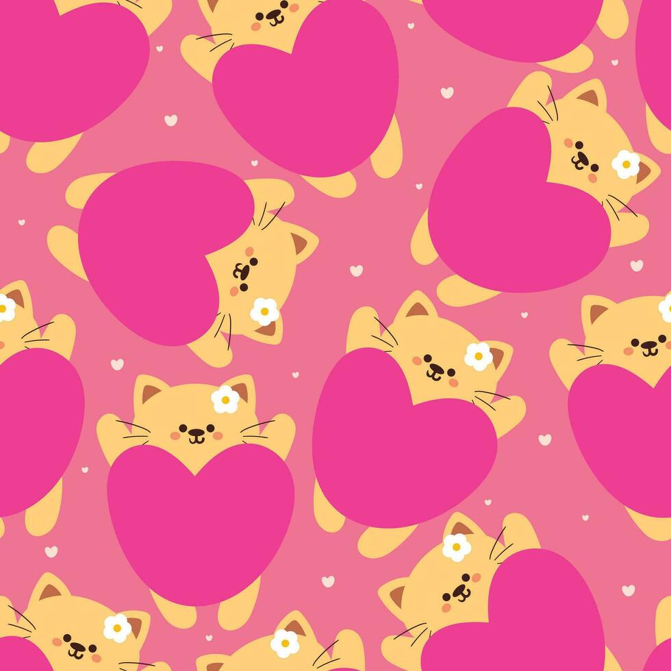 senza soluzione di continuità modello cartone animato gatto con grande rosa cuore. carino animale sfondo per tessile, regalo avvolgere carta vettore