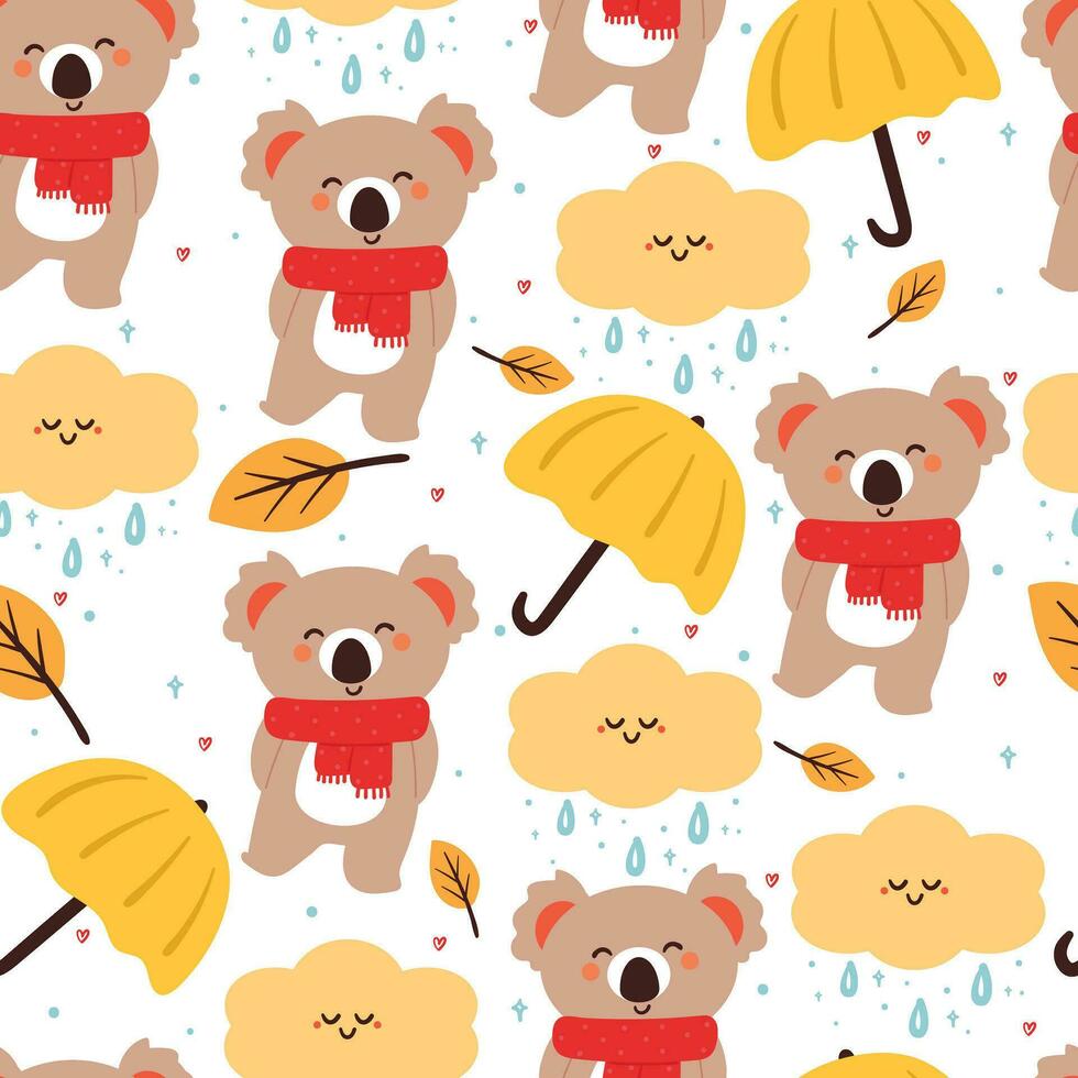 senza soluzione di continuità modello cartone animato koala con rosso sciarpa, ombrello e carino cielo elemento. carino animale sfondo illustrazione per regalo avvolgere carta vettore