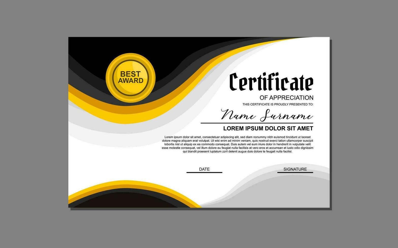 un' certificato modello con un elegante oro e nero design. adatto per la creazione di professionale certificati per premi, risultati, e riconoscimento nel vario industrie. vettore