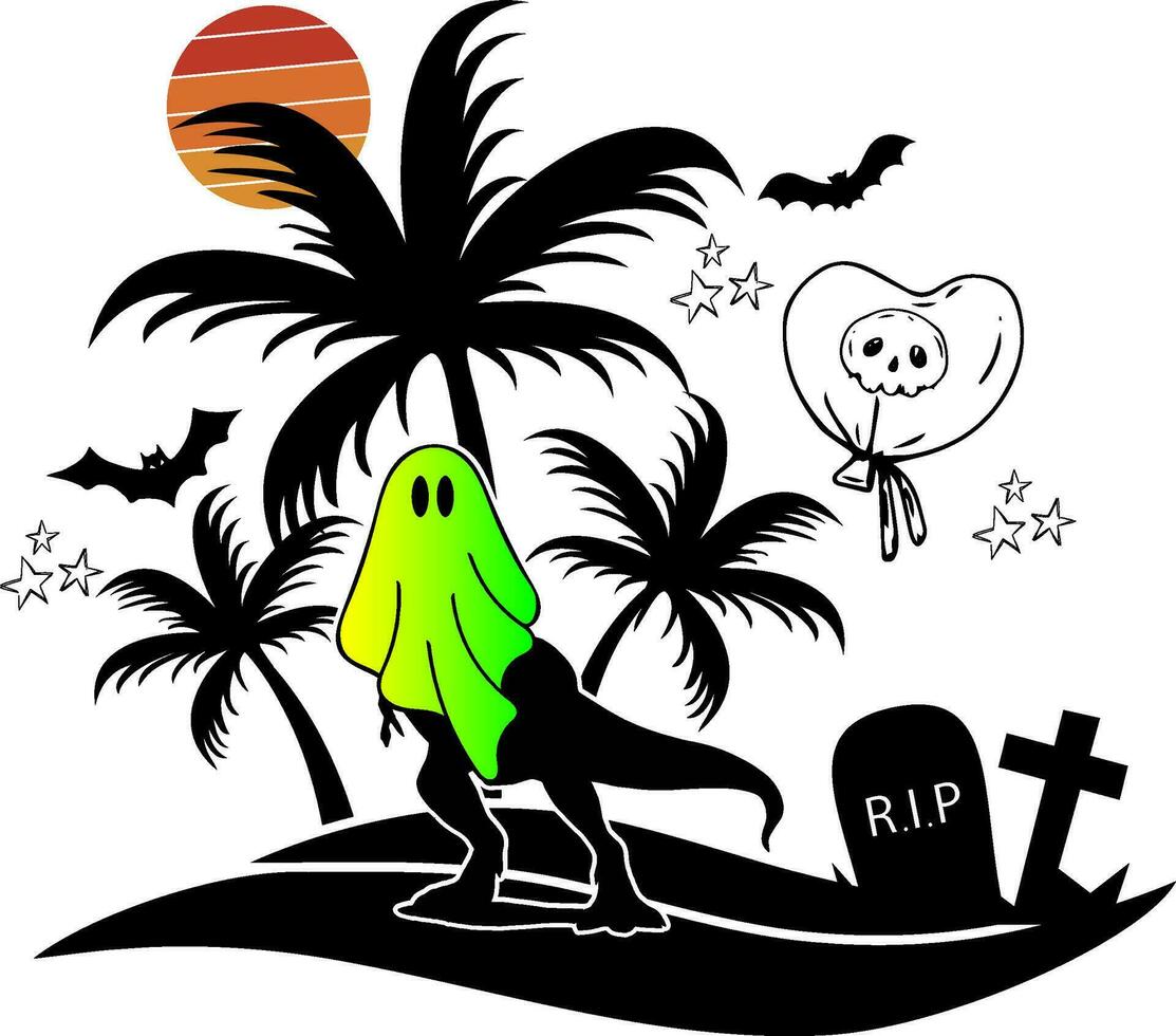 Halloween dinosauro ,bambini Halloween , ciao , fantasma , dino , Luna ,palma alberi , vettore File per cricut