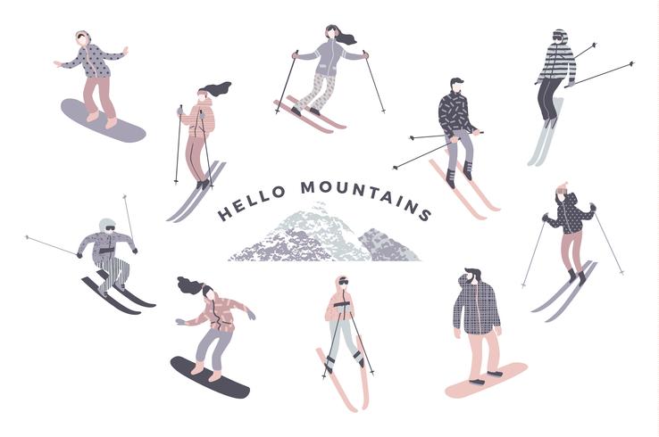 Illustrazione vettoriale di sciatori e snowboarder.