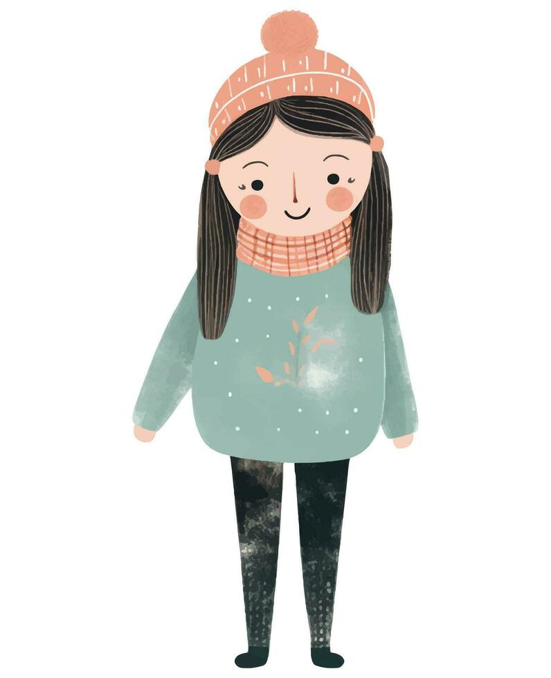 carino divertente ragazza nel inverno Abiti. mano disegnato ragazza nel Fata racconto scandinavo stile. vettore