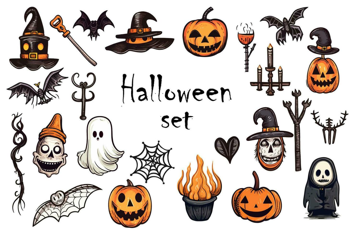 Halloween elemento impostare. Perfetto per scrapbooking, saluto carta, festa invito, manifesto, etichetta, etichetta kit. mano disegnato vettore illustrazione