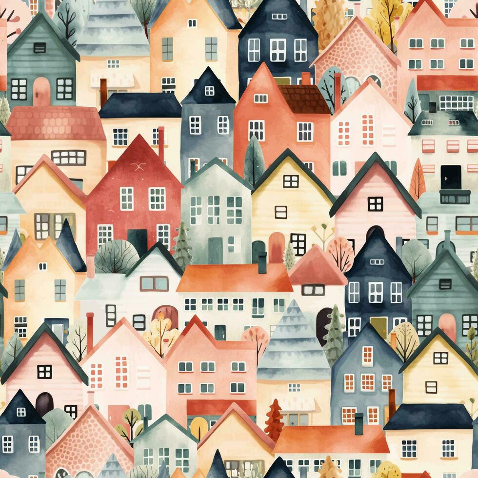 europeo case senza soluzione di continuità modello. carino acquerello edifici. di moda scandi sfondo, decorativo sfondi vettore