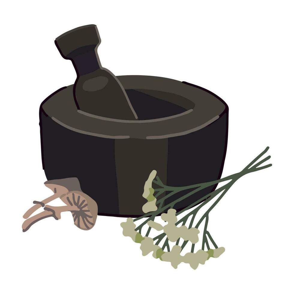 pietra mortaio e pestello con erbe aromatiche, funghi. stregoneria cucina attrezzo clipart isolato su bianca. colorato vettore illustrazione nel cartone animato stile.