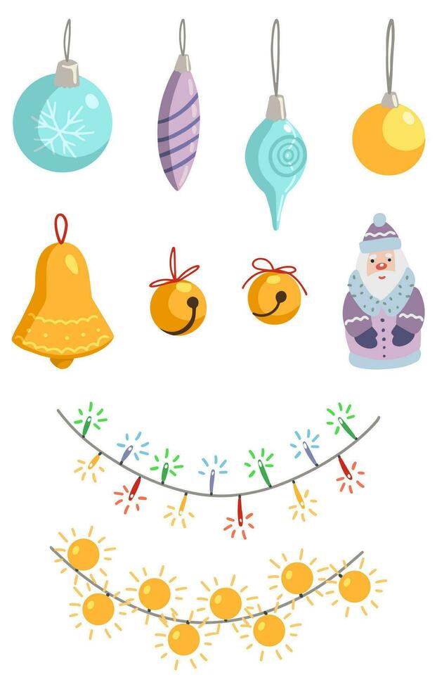 impostato di Natale vacanza simboli. disegni di natale albero decorazioni, campane, raggiante ghirlande. mano disegnato vettore illustrazioni. cartone animato clipart collezione isolato su bianca. elementi per disegno, carta.