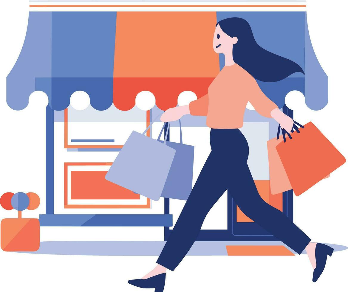 mano disegnato un' donna con shopping borse passeggiate passato un' storefront nel piatto stile vettore