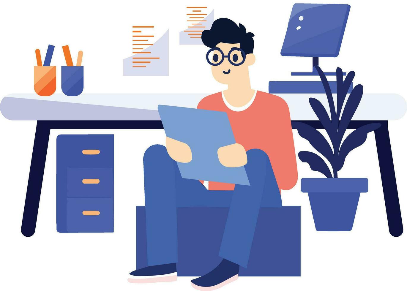 mano disegnato un' maschio personaggio è seduta e lettura un' libro nel il suo ufficio nel piatto stile vettore