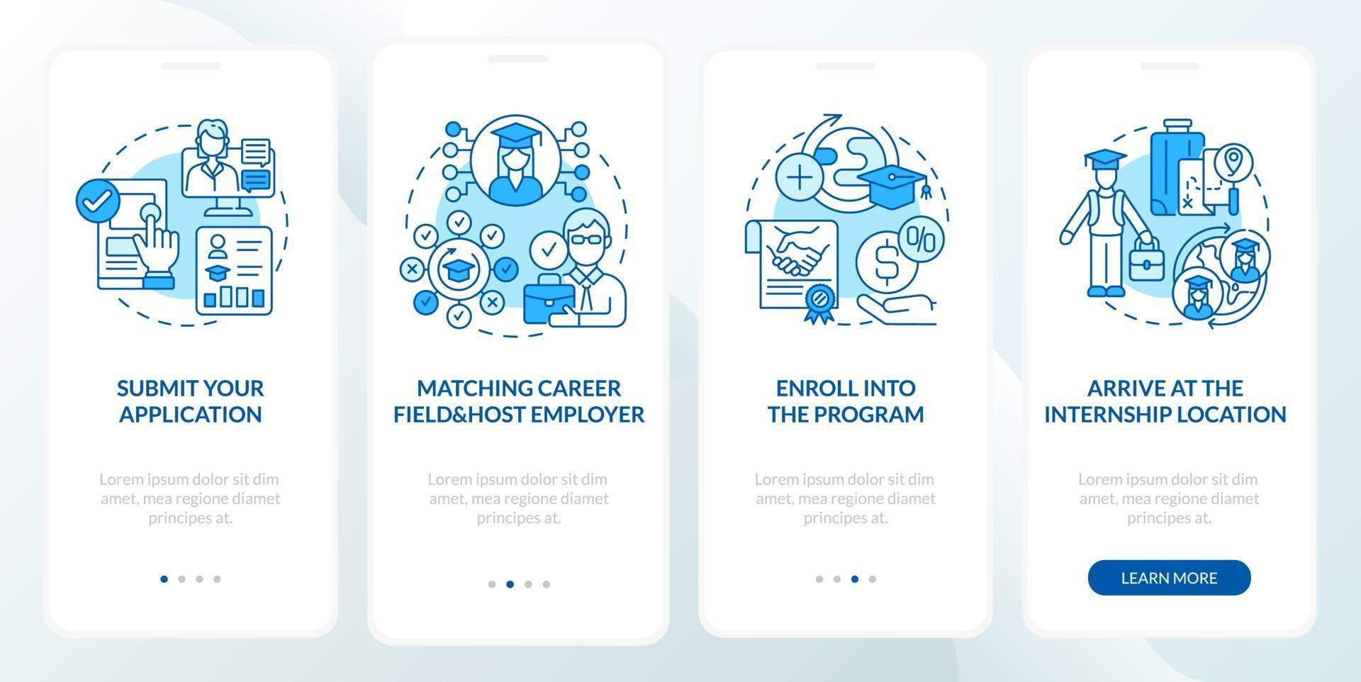 procedura di stage all'estero onboarding schermata pagina app mobile vettore