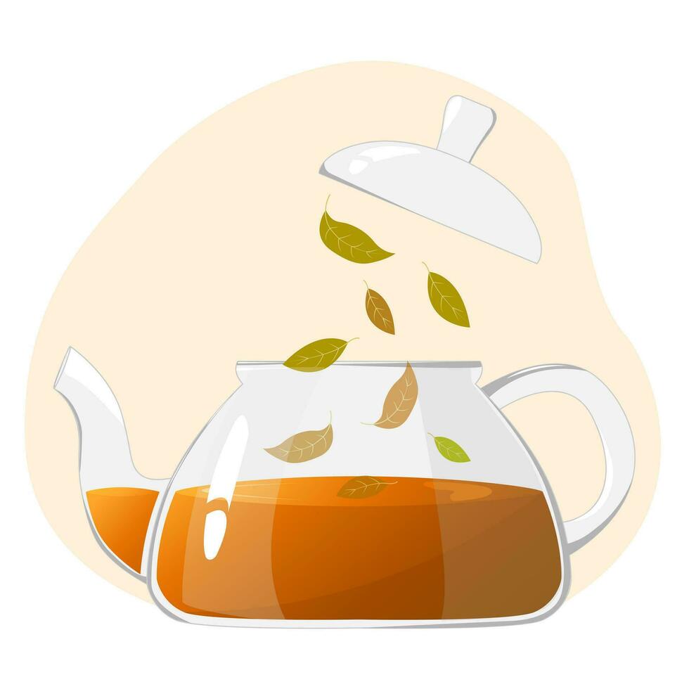 bicchiere teiera con tè.trasparente bicchiere teiera con tè le foglie. salutare bevande concetto.vettore illustrazione per caffè, annunci, banner vettore