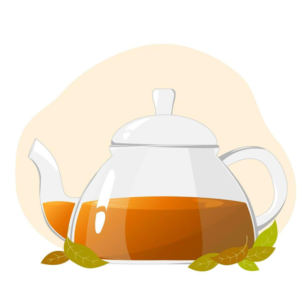 bicchiere teiera con tè le foglie. trasparente bicchiere teiera. bicchiere tè bollitore per bollente acqua, vasellame per tè cerimonia a casa. salutare bevande concetto vettore