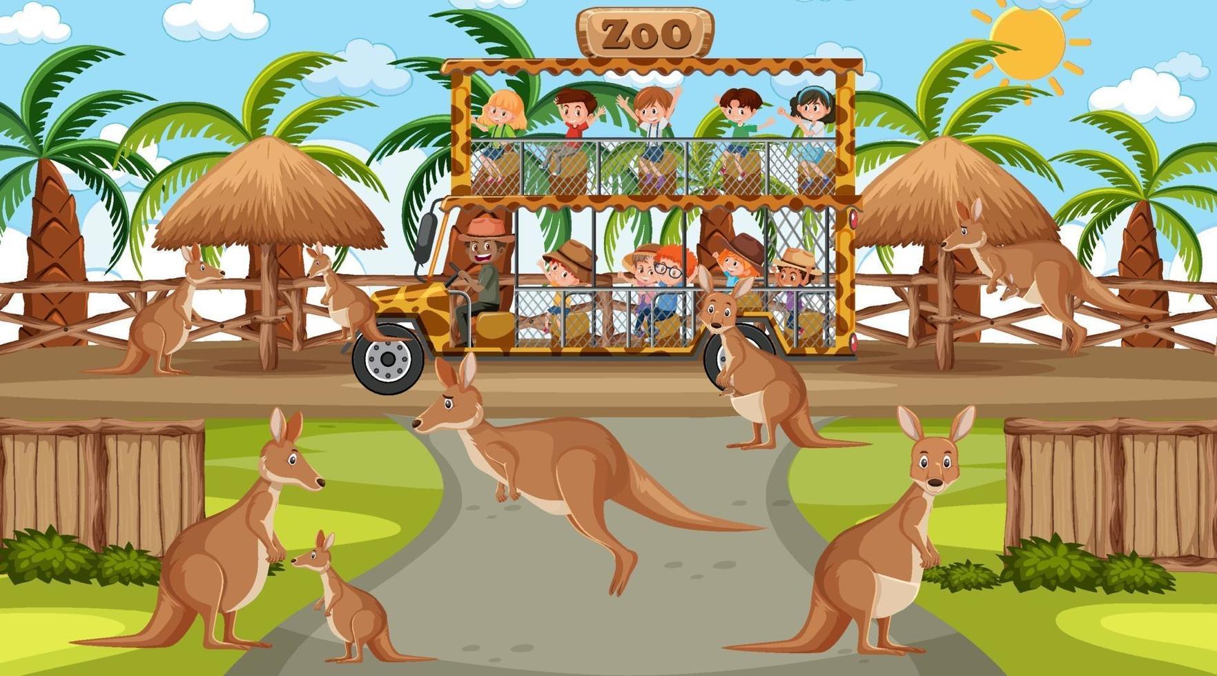 safari in scena diurna con molti bambini che guardano un gruppo di canguri vettore