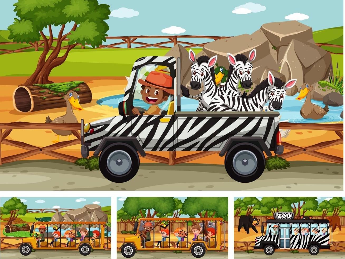 diverse scene di safari con animali e personaggi dei cartoni animati per bambini vettore