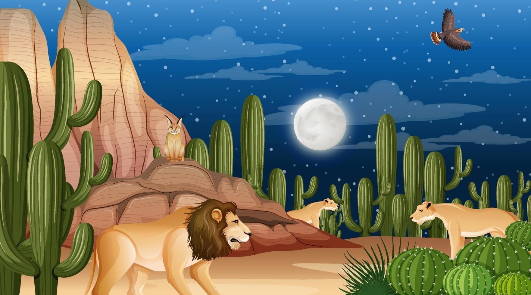 gli animali vivono nel paesaggio della foresta desertica durante la scena notturna vettore