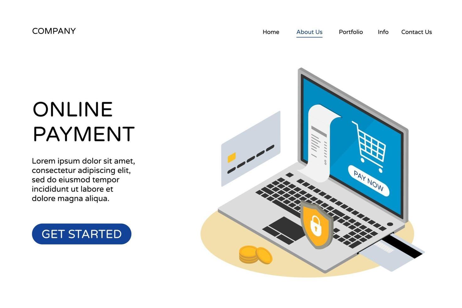 modello di progettazione del sito Web della pagina di destinazione del pagamento online. laptop isometrico vettore