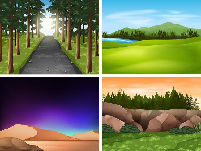 Quattro scene della natura con montagne e campi vettore