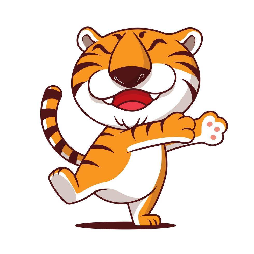 tigre sveglia del fumetto con il sorriso che mostra abbracciando la mano sullo spazio vuoto. vettore
