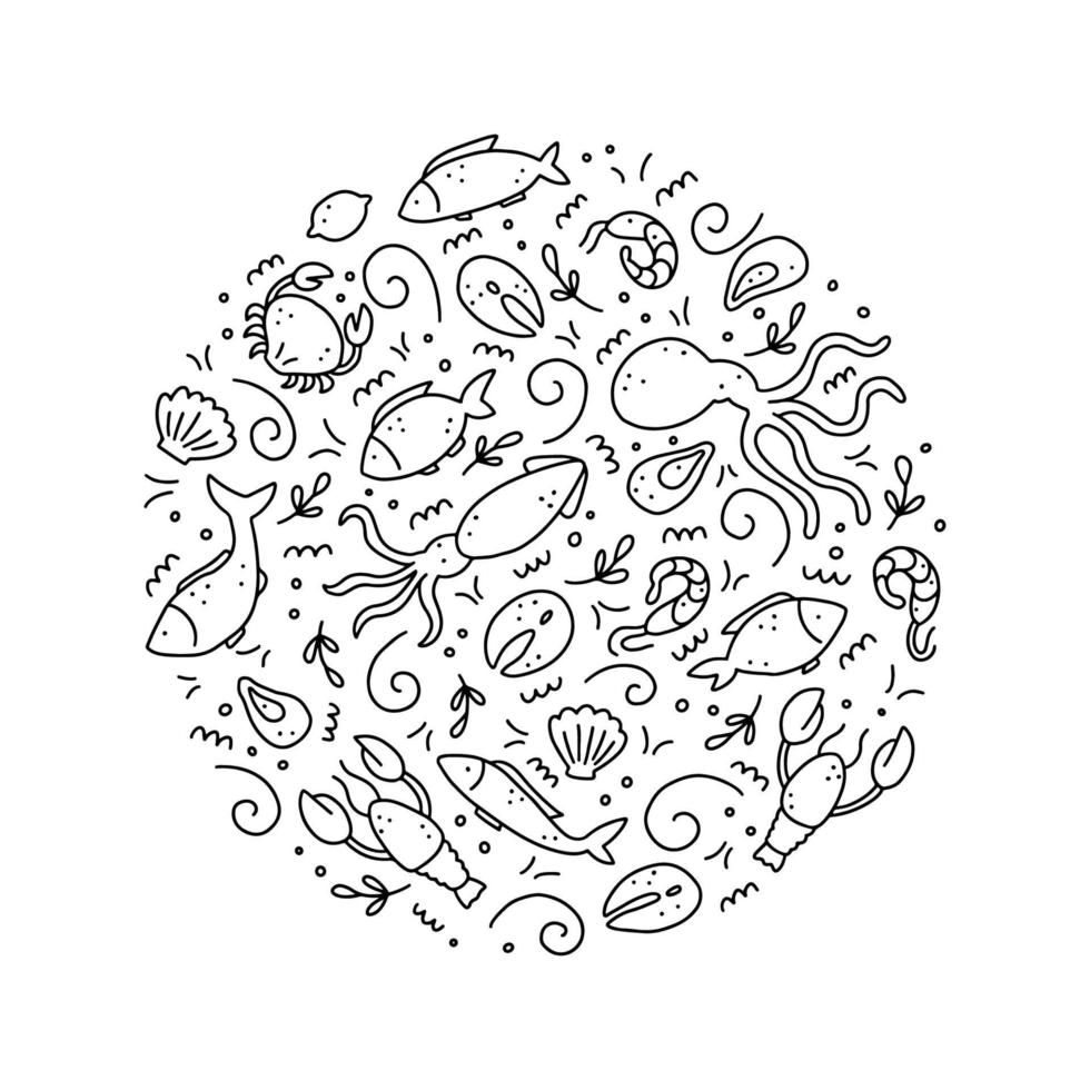 insieme disegnato a mano di elementi di frutti di mare. illustrazione vettoriale stile scarabocchio.